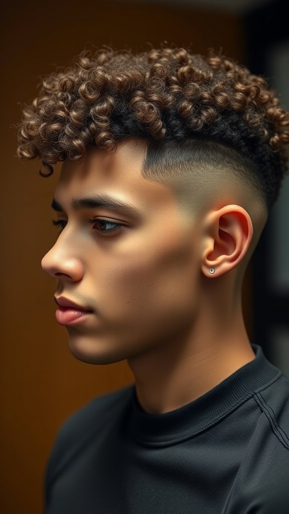 A young man with curly hair styled in a curly fade haircut, showcasing defined curls on top and a clean fade on the sides.