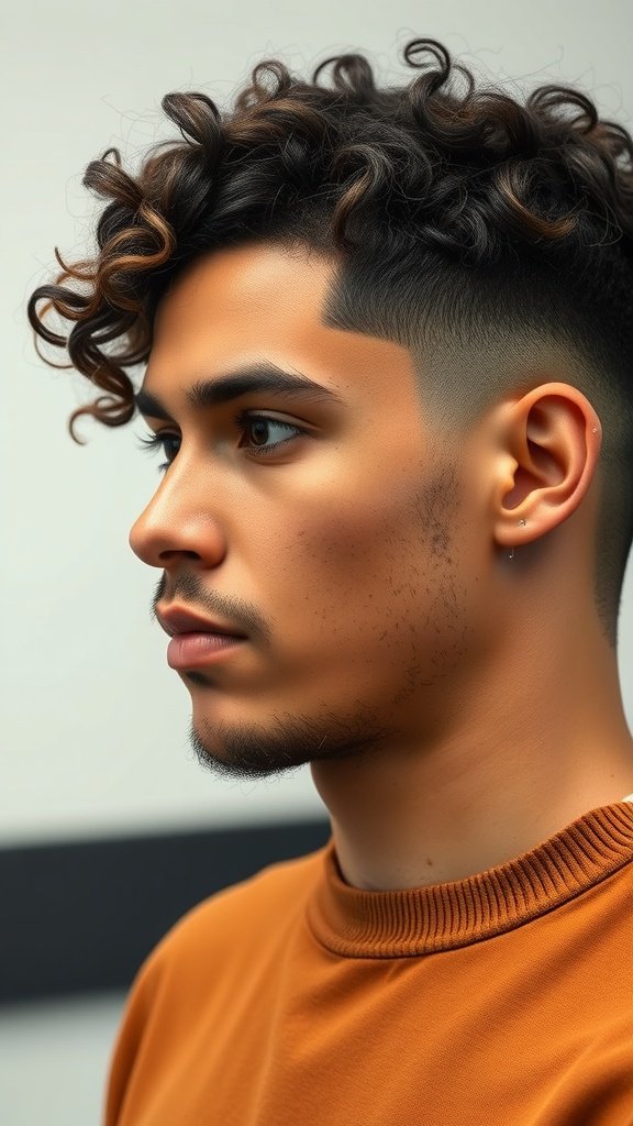 A man with curly hair styled in a low taper fade haircut, showcasing defined curls and a clean fade on the sides.