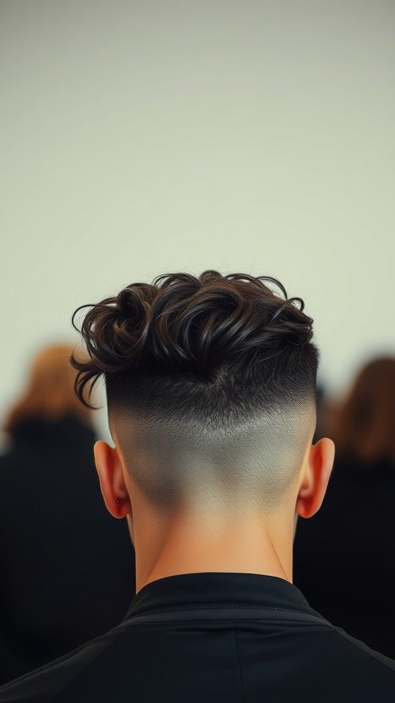 Back view of a man with curly hair styled back and a tapered fade.