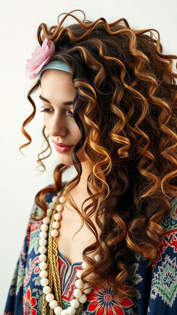 A woman with curly hair styled in a bohemian vibe, wearing a flower headband and layered necklaces.