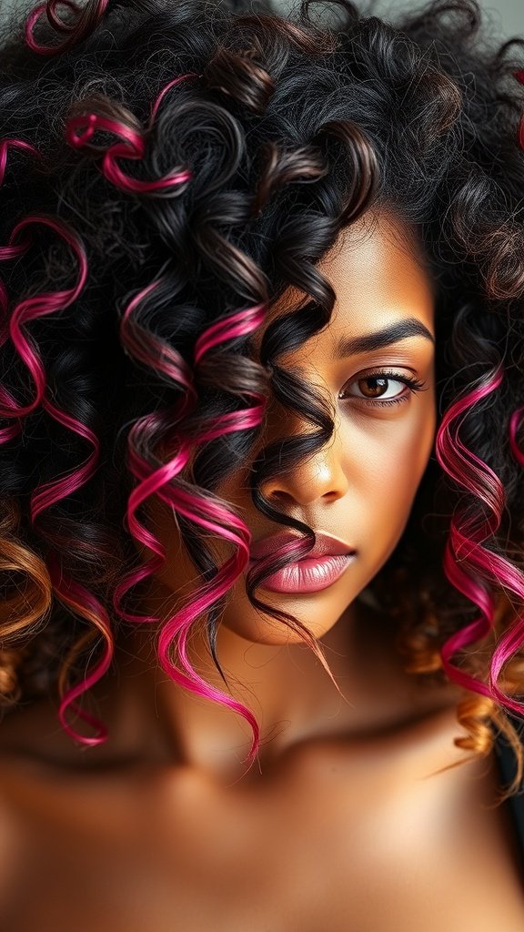 A close-up of a person with curly hair featuring vibrant pink highlights.