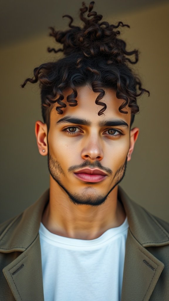 A man with curly hair styled in a bun, showcasing defined curls and a stylish look.