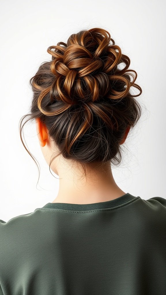 A casual updo hairstyle showcasing beautiful curls, pinned elegantly with loose tendrils framing the face.