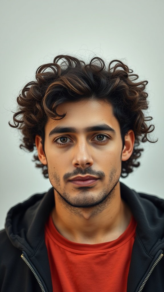 A young man with curly hair styled in a center part, wearing a black hoodie and red shirt.