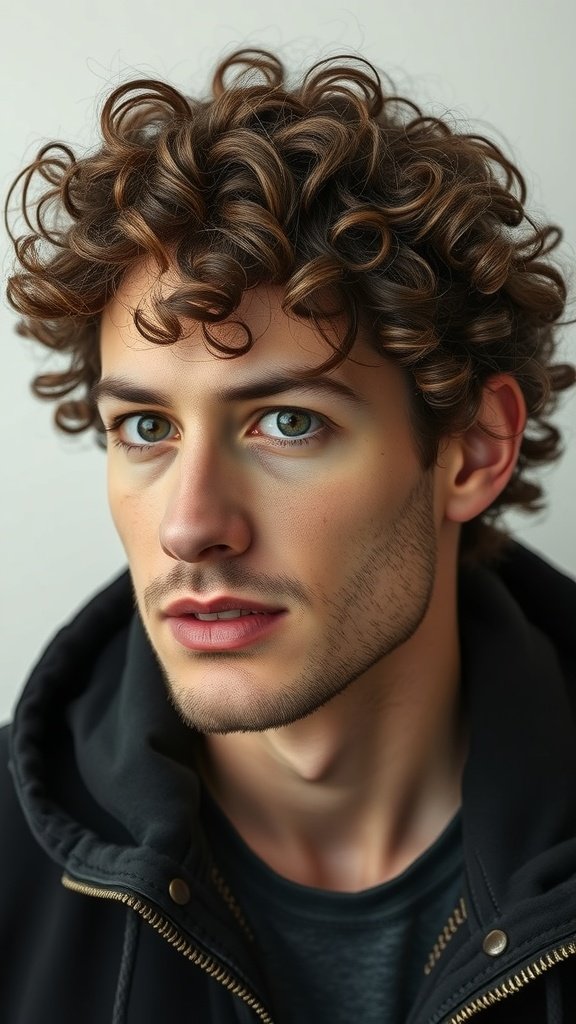 A man with curly hair and a clean shave, showcasing a stylish and fresh look.
