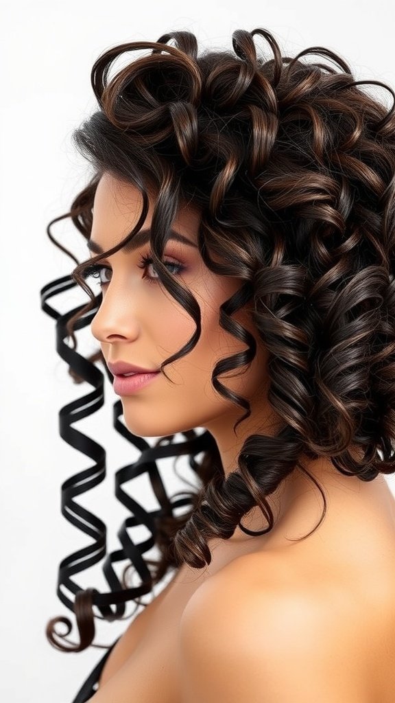 A woman with defined curly hair styled with a deep side part, showcasing volume and texture.