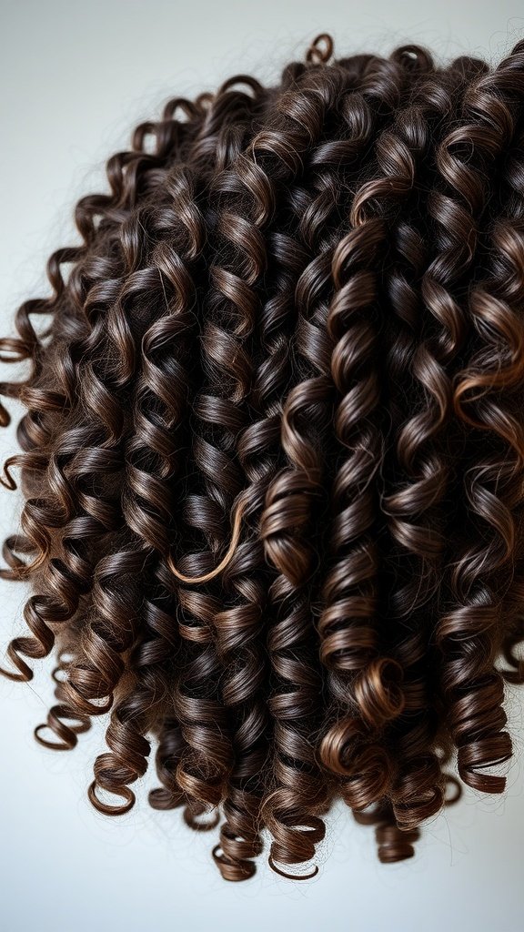A close-up of defined curly hair with a rich brown color, showcasing tight, well-formed curls.