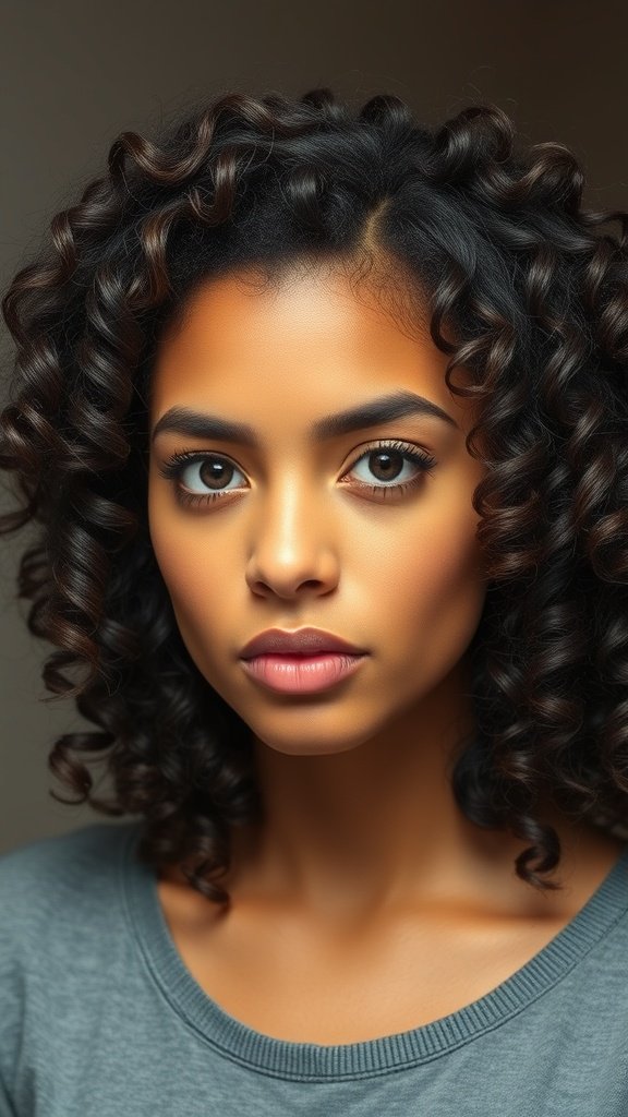 A close-up of a person with defined curly hair, showcasing a polished and stylish look.