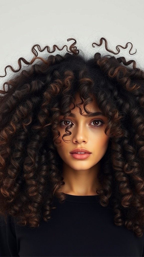 A woman with voluminous, defined curls showcasing a dramatic hairstyle.