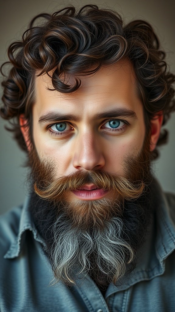 A man with curly hair and a full beard, showcasing a stylish and confident look.