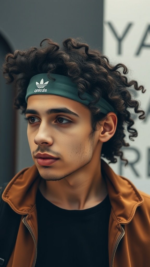 A young man with curly hair wearing a green headband, showcasing a stylish look.
