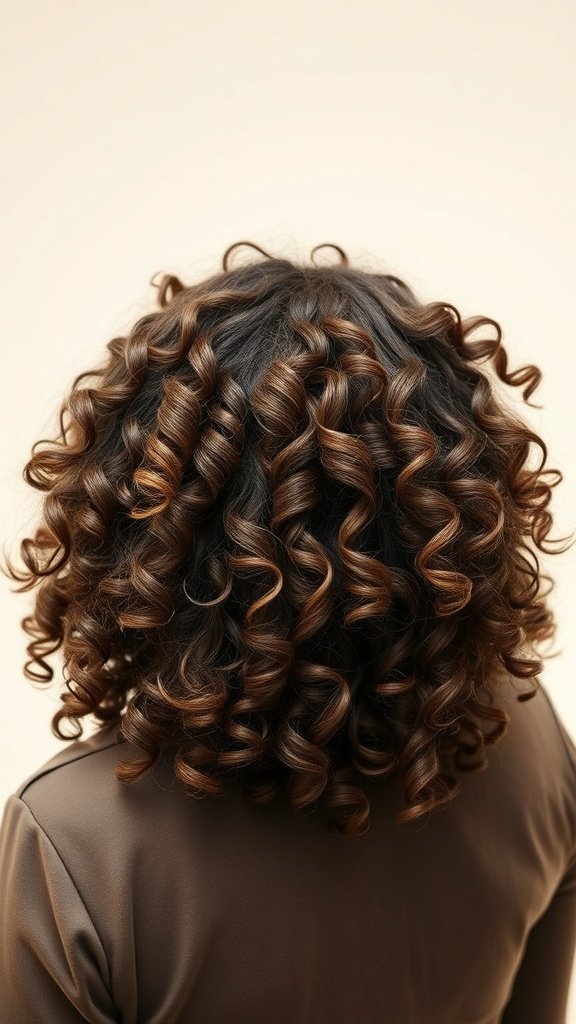 A close-up view of a curly hairstyle with layered cuts, showcasing defined curls and a vibrant look.