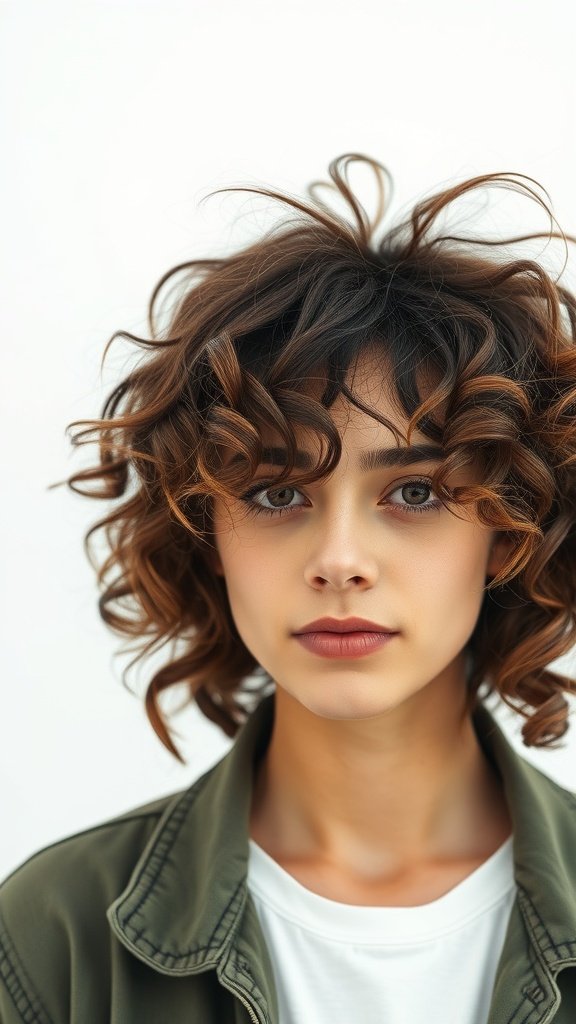 A person with messy curly hair, showcasing a relaxed and stylish look.