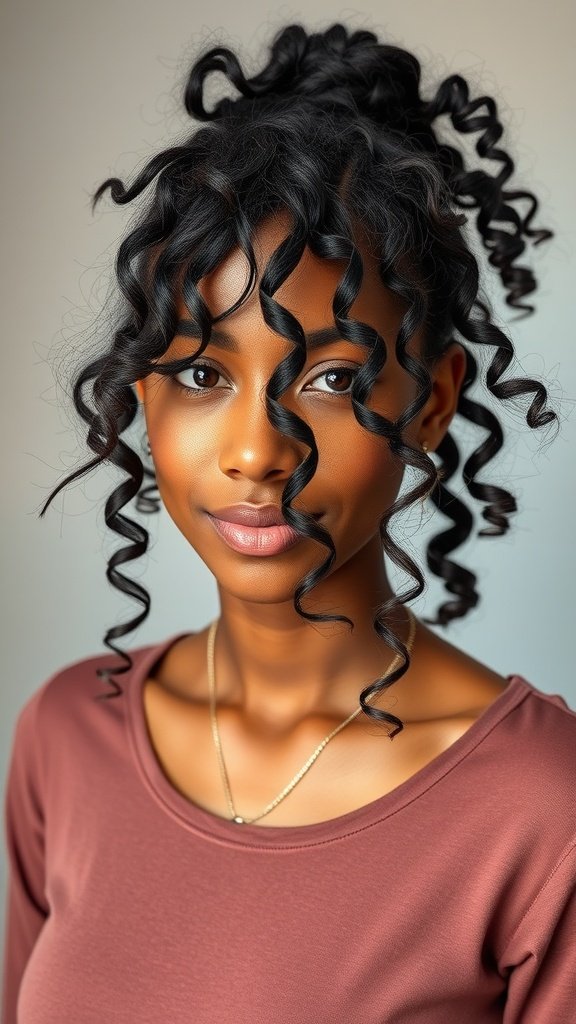 A woman with defined curly hair styled in a high ponytail, showcasing a modern twist on curly hairstyles.