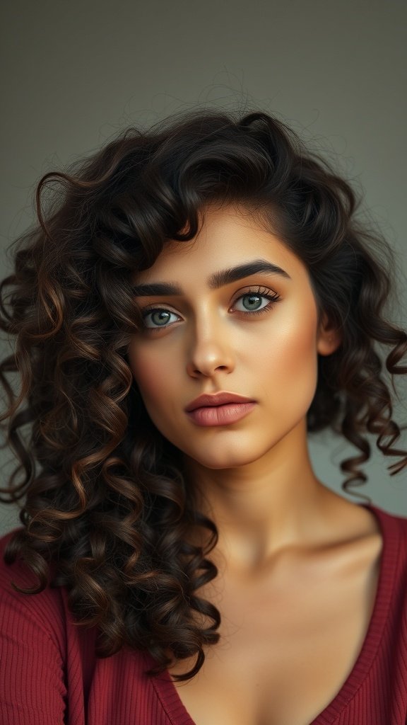 A woman with beautiful curly hair styled with a natural part, showcasing defined curls and a balanced look.