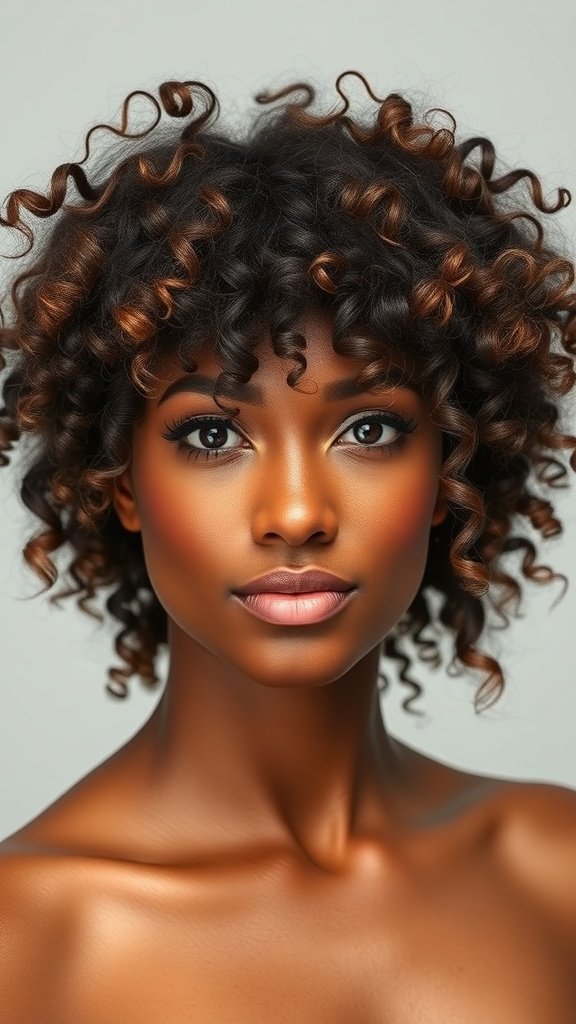 A close-up of a person with tight, shiny curls and warm highlights.