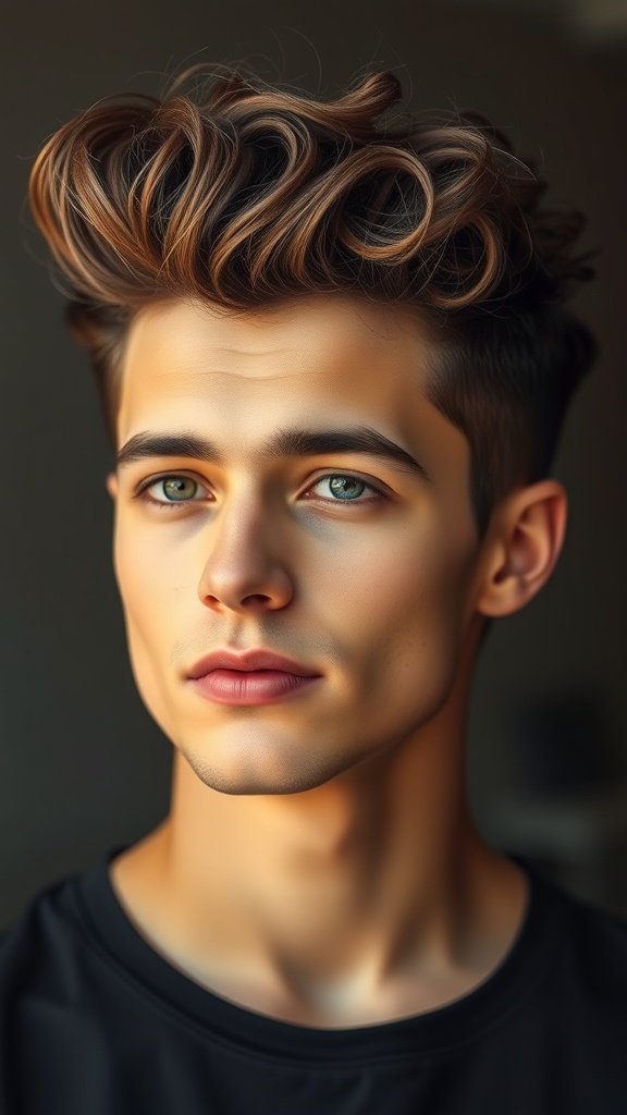 A young man with curly hair styled in a pompadour, showcasing volume and texture.