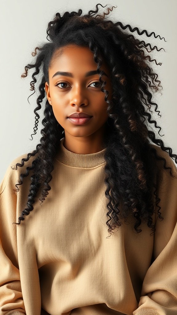 A person with curly hair styled in a relaxed manner, wearing a beige sweater.
