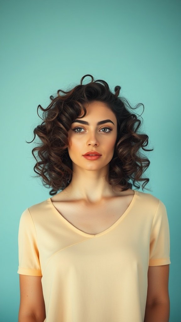 A woman with beautiful, bouncy curly hair, wearing a light yellow shirt against a teal background.