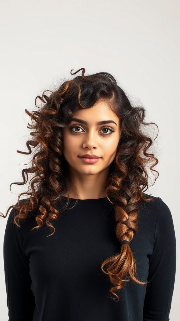 A woman with curly hair styled in a side braid, showcasing voluminous curls.