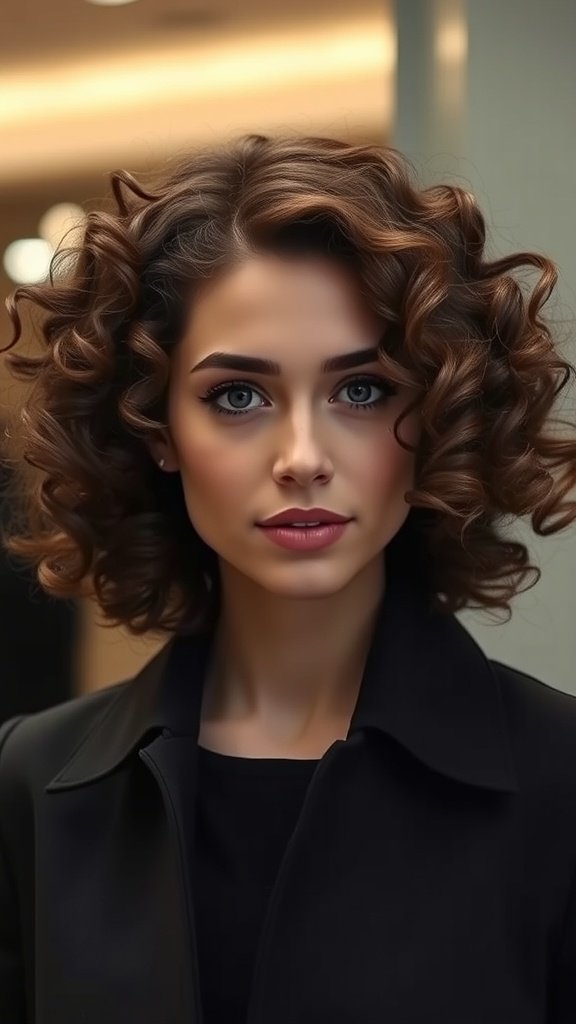 A woman with curly hair styled in a side sweep, showcasing bouncy curls and a sophisticated look.