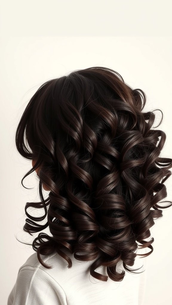 A back view of styled curly hair with a sleek finish, showcasing defined curls and a shiny appearance.