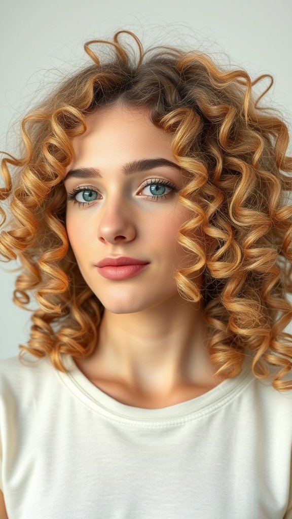 A young woman with soft, bouncy curly hair, showcasing a vibrant and lively hairstyle.