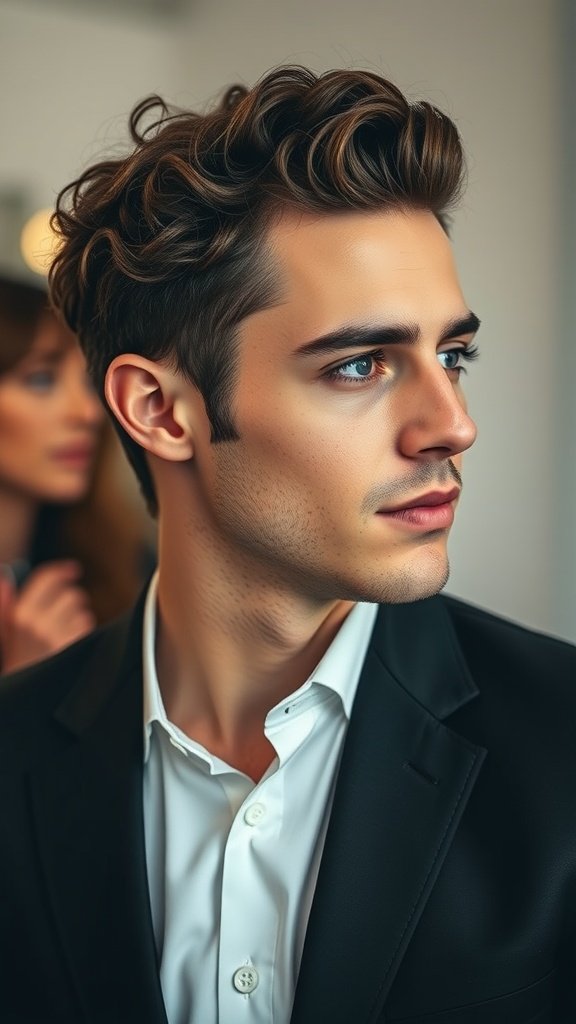 A man with curly hair styled in a swept-back look, wearing a black suit and white shirt.