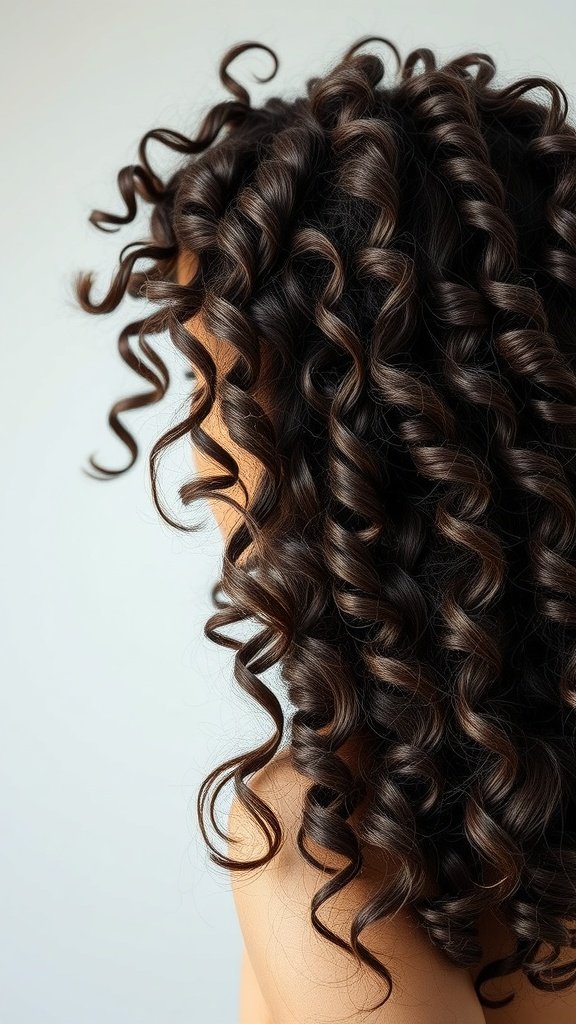 Close-up of tightly curled dark hair with a textured finish