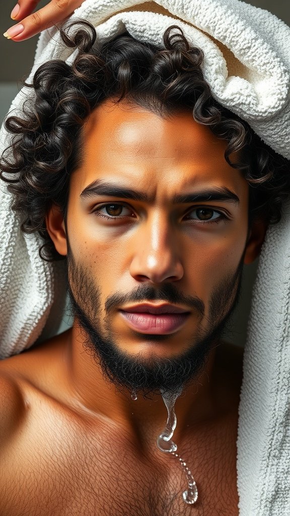 A man with curly hair towel drying his hair, showcasing defined curls and a casual look.