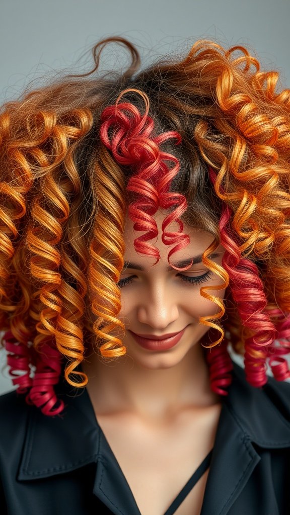 A woman with vibrant orange and red curly hair, showcasing a lively hairstyle.