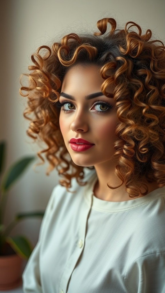 A woman with voluminous, defined curls styled in a vintage manner, showcasing a playful yet sophisticated look.