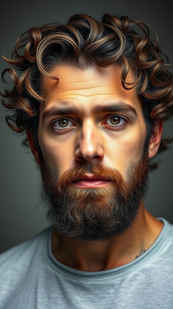 A man with curly hair and a beard, showcasing a stylish look.