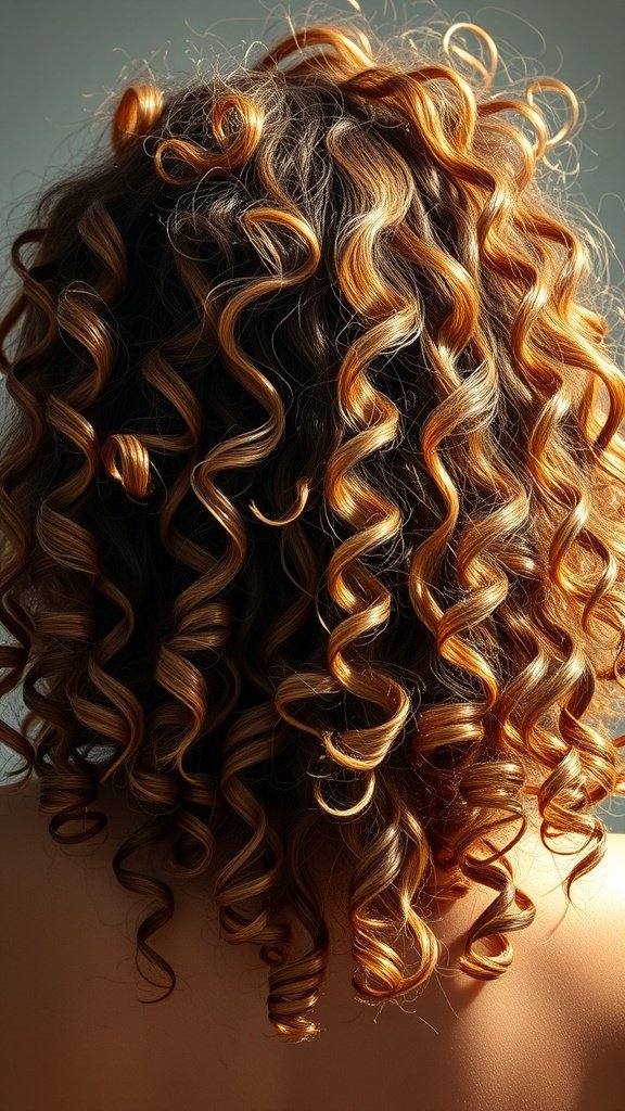Curly hair with highlights showcasing vibrant curls and warm tones