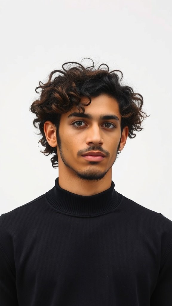 A young man with curly hair and long sideburns, wearing a black turtleneck.