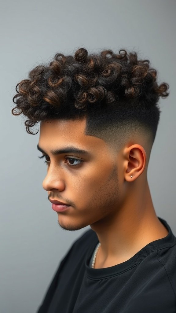 A young man with curly hair styled in a low fade haircut, showcasing defined curls on top and a clean fade on the sides.