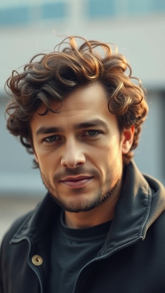 Man with curly medium-length hair and volume, showcasing a stylish look.