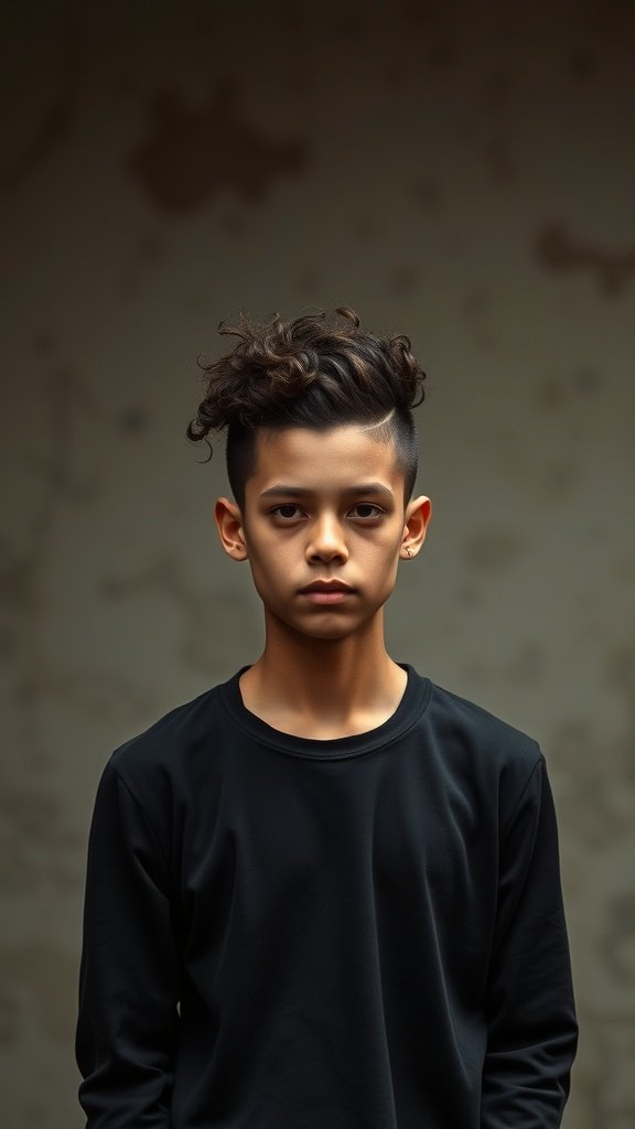 A young person with a curly mohawk hairstyle, featuring defined curls on top and faded sides.