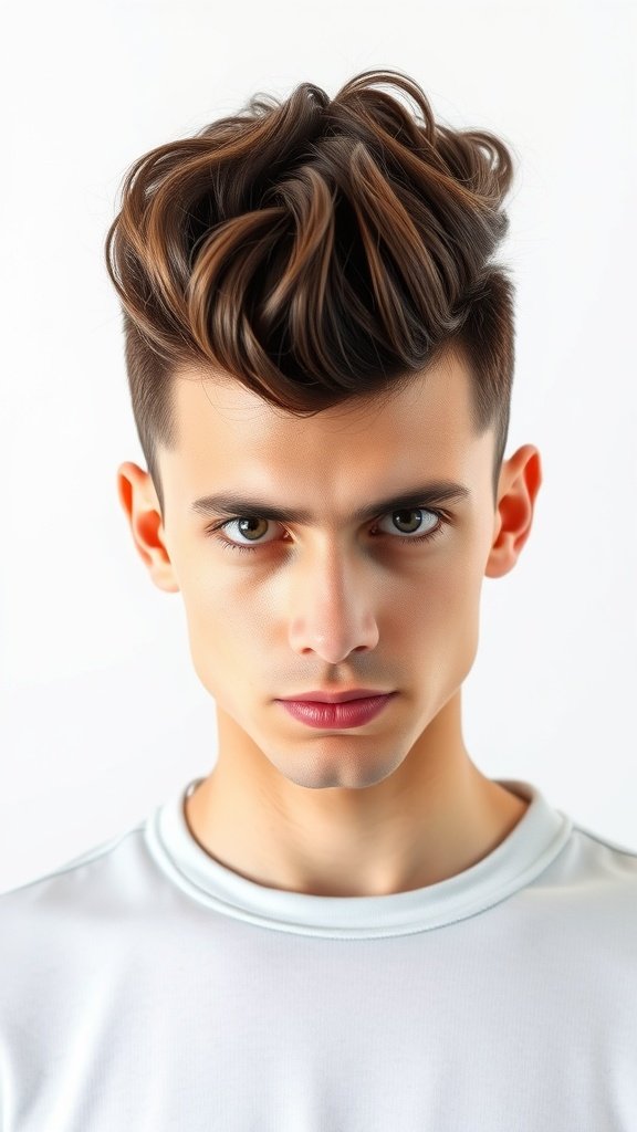 A young man with a curly pompadour hairstyle, showcasing volume and texture.