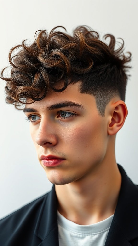 A young man with a curly quiff hairstyle and tapered sides, showcasing defined curls and a clean look.