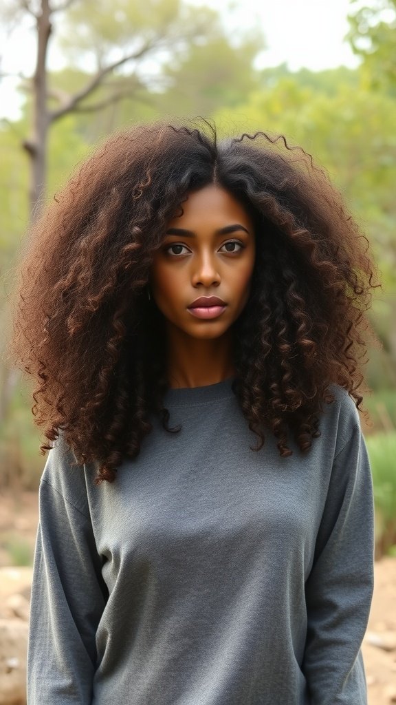 A model with curly shoulder-length hair, wearing a gray top, standing outdoors with a natural background.
