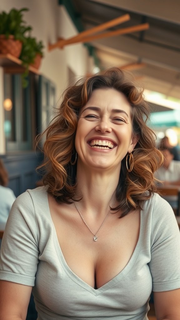 A woman with curly shoulder-length shag hairstyle, smiling brightly.