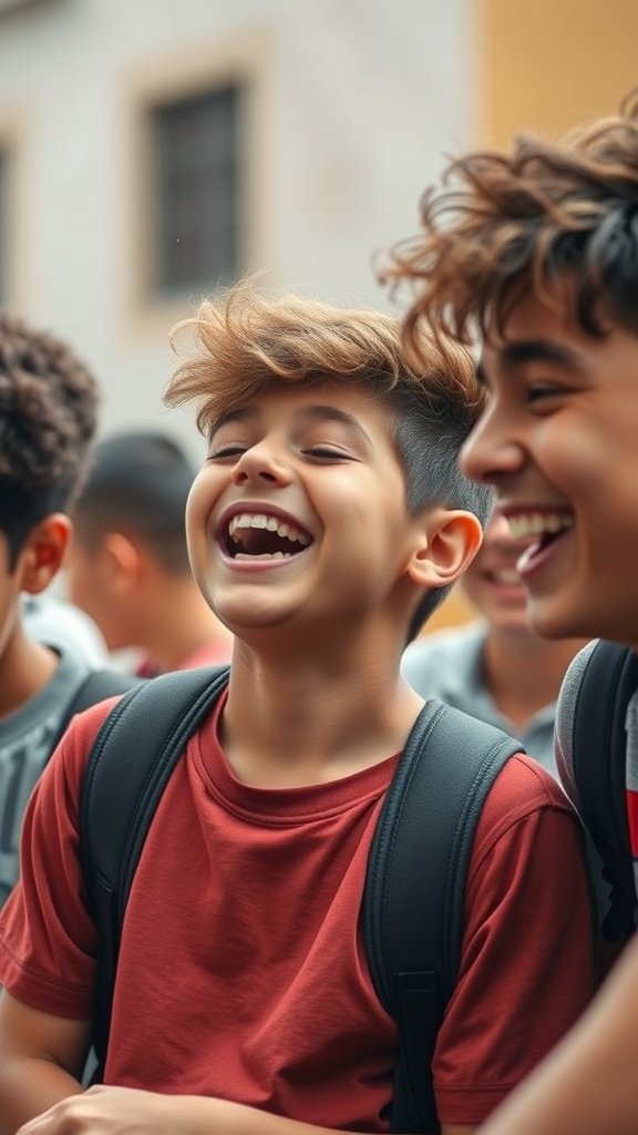 Boys laughing with curly hairstyles and backpacks, showcasing a trendy curly top with fade haircut.