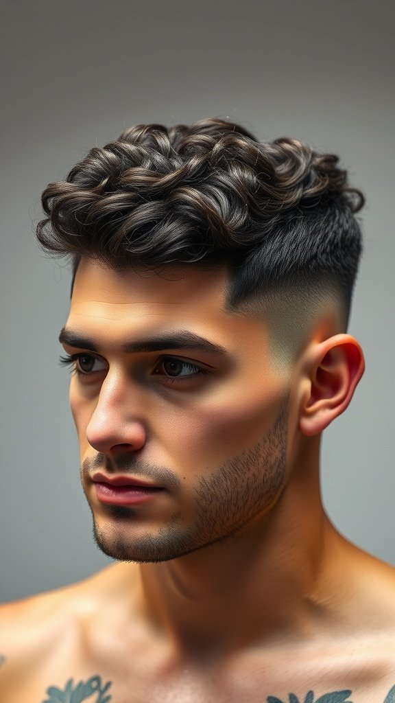 A man with thick curly hair styled in a curly top with a fade haircut.