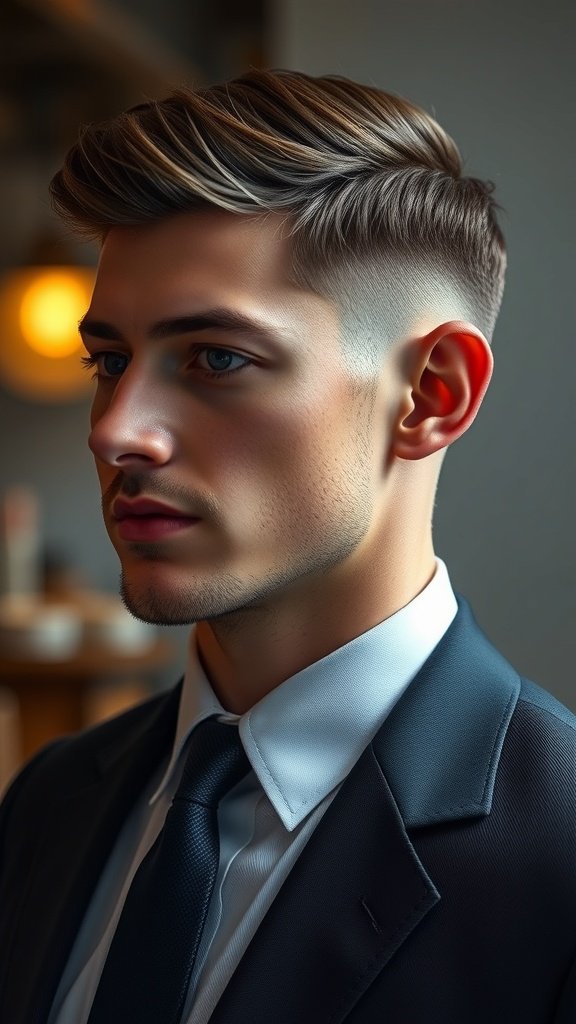 A man with a dapper medium-length taper hairstyle, wearing a suit and tie, showcasing a polished look.