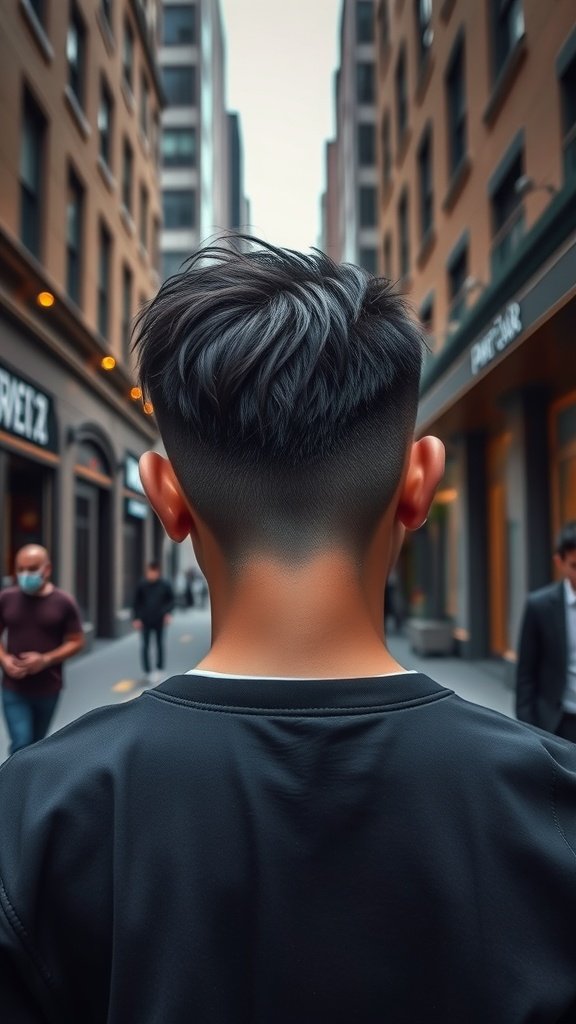 A person with a disconnected crew cut hairstyle, showcasing a contrast between longer hair on top and faded sides, set against an urban backdrop.