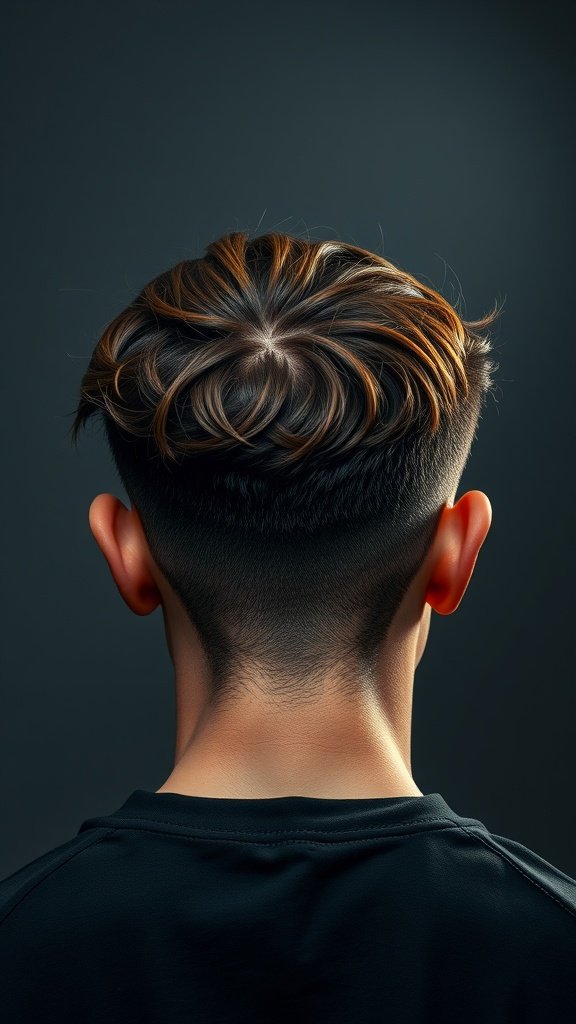 Back view of a disconnected Edgar haircut showcasing textured top and faded sides.