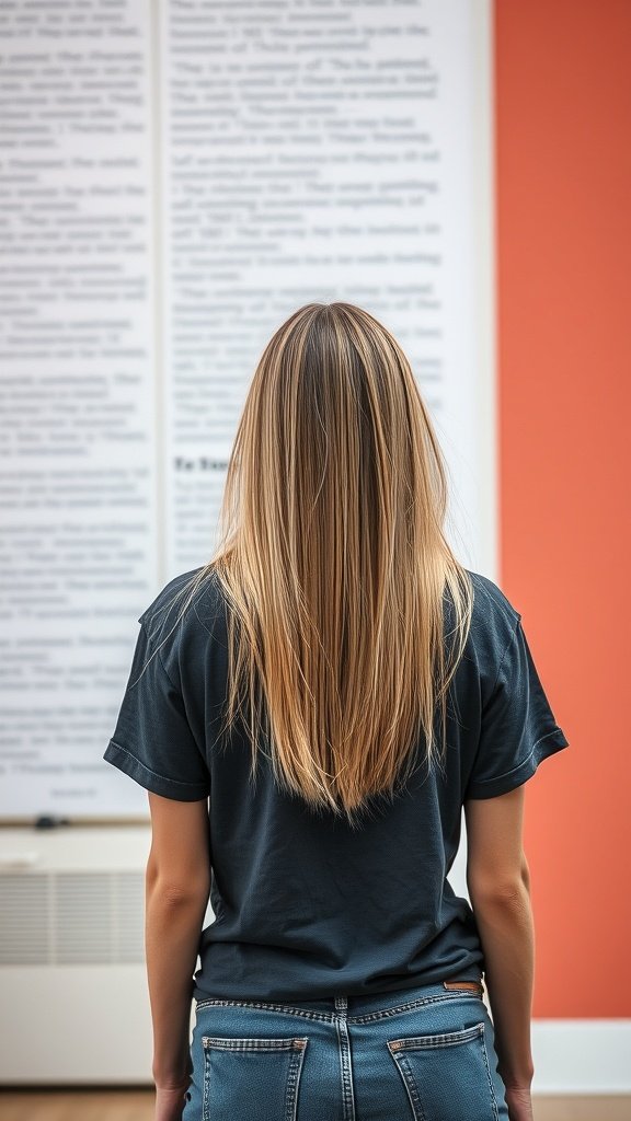 A person with long hair standing in front of a wall with text, showcasing a disconnected fade hairstyle.