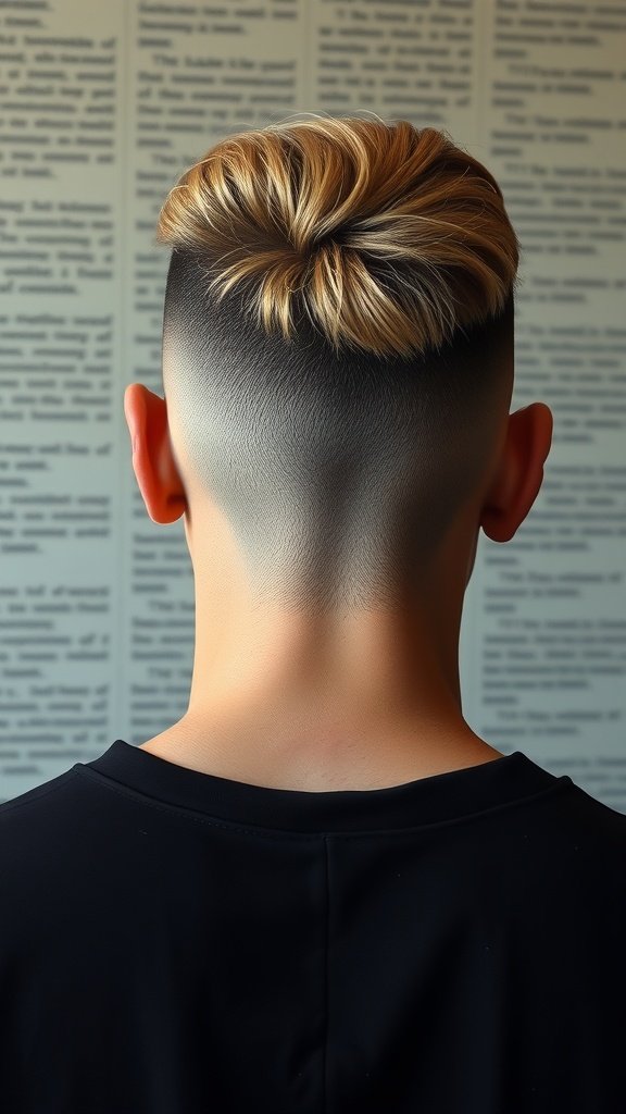A close-up view of a disconnected low taper fade haircut, showcasing the contrast between the longer hair on top and the faded sides.