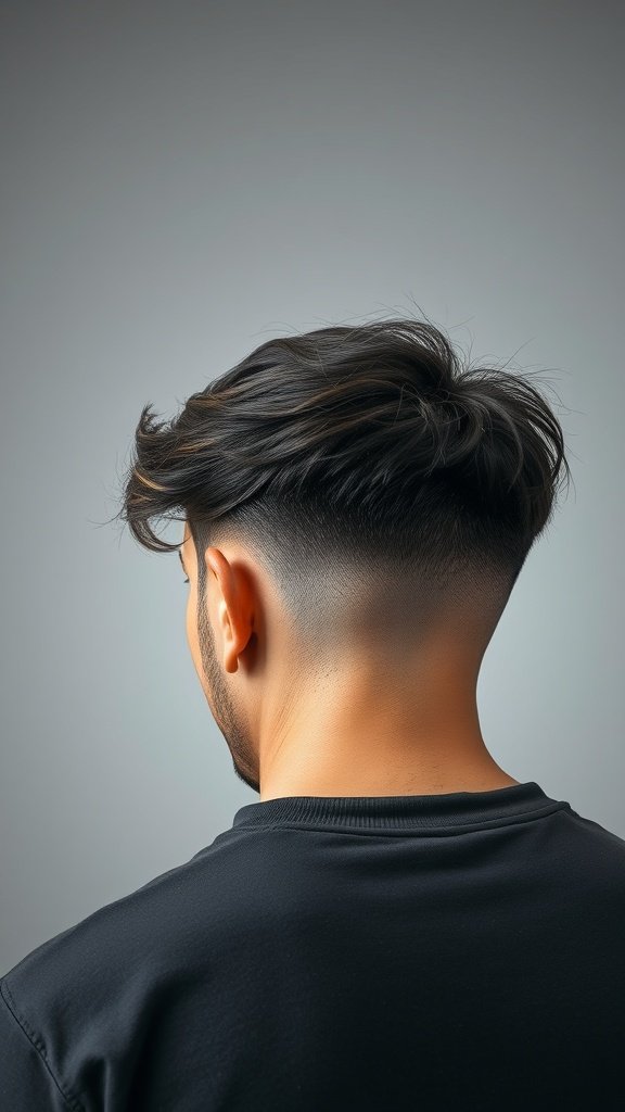 A man showcasing a disconnected mid-fade haircut with longer hair on top and faded sides.